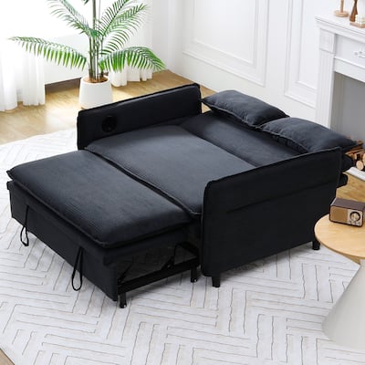 65.74-inch Black Corduroy Multi-functional Adjustable Sofa Bed with Letter Stripes