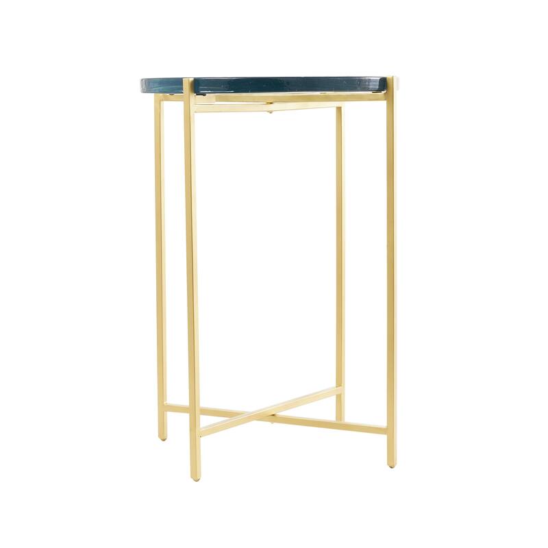 Gold or Black Metal X-Shaped Side End Accent Table with Textured Glass Tabletop
