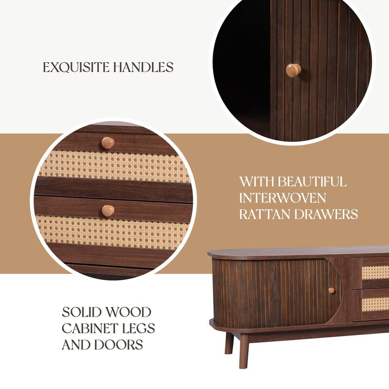 Rattan TV Stand, Entertainment Center for TVs Up to 75" with Solid Wood Legs and Cable Management