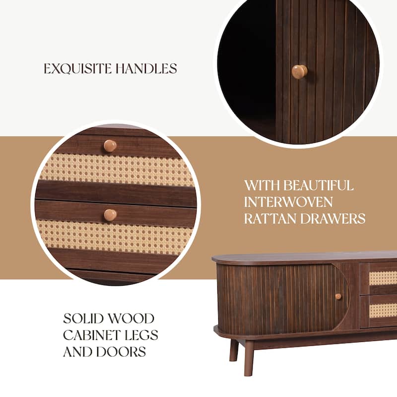 Rattan TV Stand for 75" TVs, Modern Farmhouse Media Console with Solid Wood Legs, Sliding Doors, Cable Management