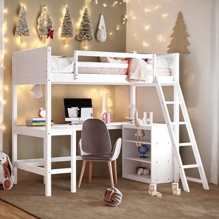 Twin Size Wooden Loft Bed with Ladder, Shelves and Desk, White