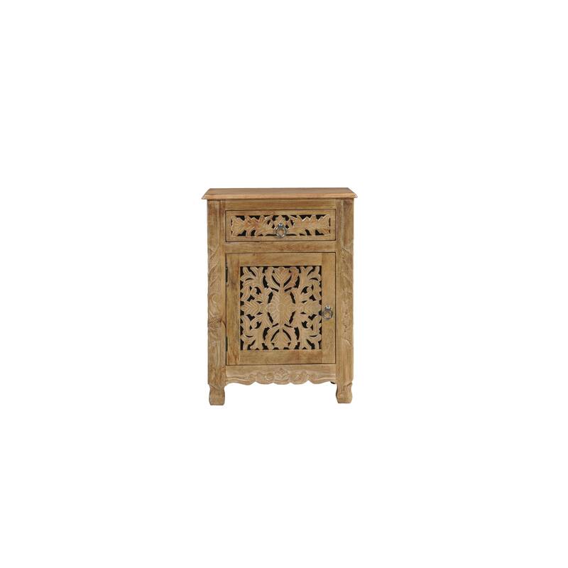 Florence Floral Solid Mango Wood 1-Drawer Nightstand with Cabinet Storage Assembled - Brown-Left