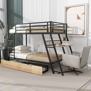 Modern Metal Bunk Bed with Built-in Desk, Light and 2 Drawers, Black