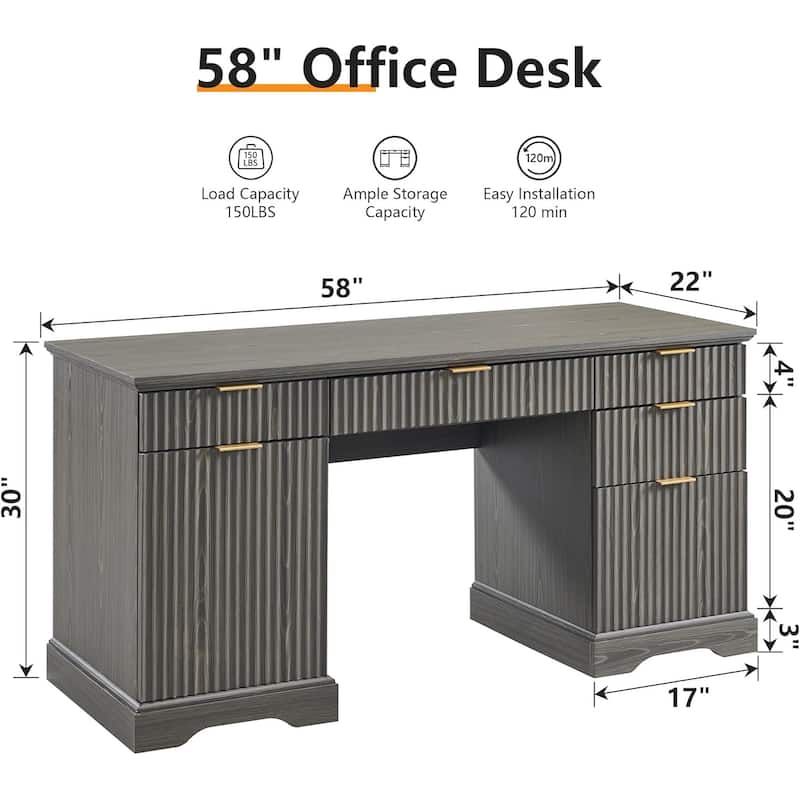 58" Modern Executive Desk with Storage, Wood Home Office Desk