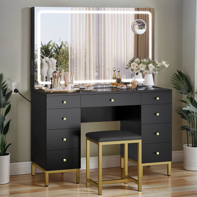 Moasis 9-Drawer Makeup Vanity Set with Stool and Mirror, Glass Top Vanity Desk with LED Lights