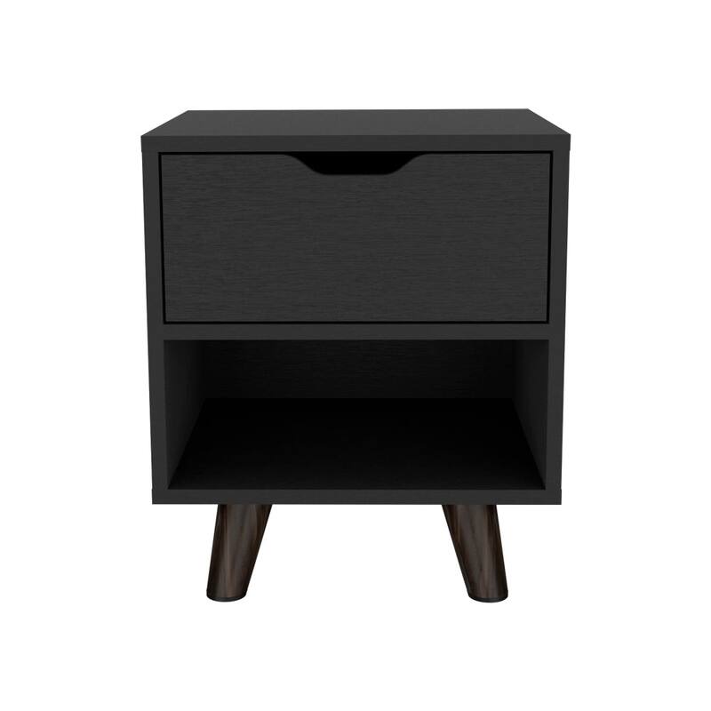 Black Modern Nightstand with Drawer, Open Shelf, and Wooden Legs
