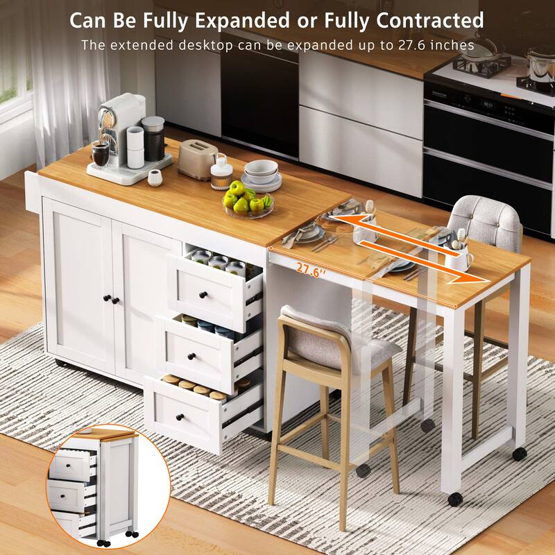 Kitchen Island with Extendable Dining Table, Power Outlet, Rolling Storage Cart with 3 Drawers, 2-Door Cabinet, and Spice Rack