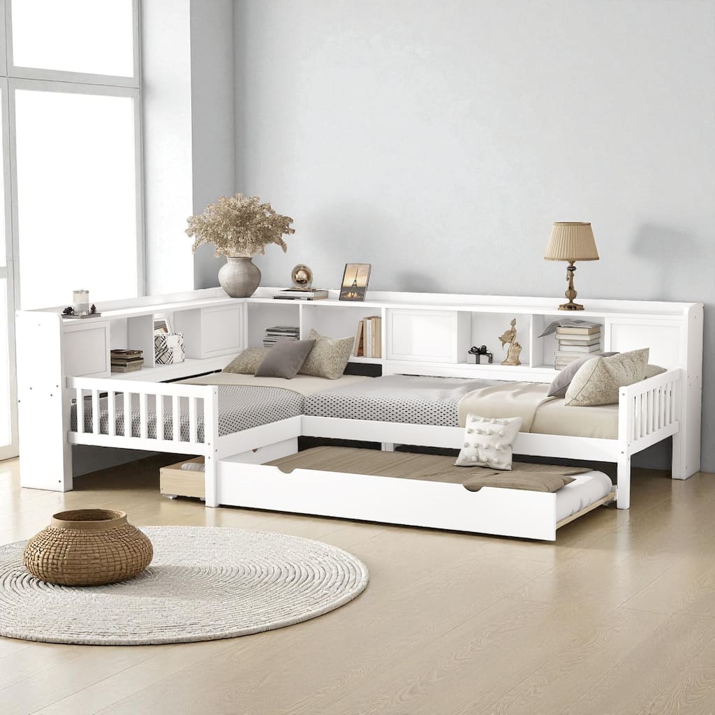 L-Shaped Twin Platform Bed with Trundle, Solid Wood Corner Bed Frame with Drawers and Shelves, No Box Spring Needed