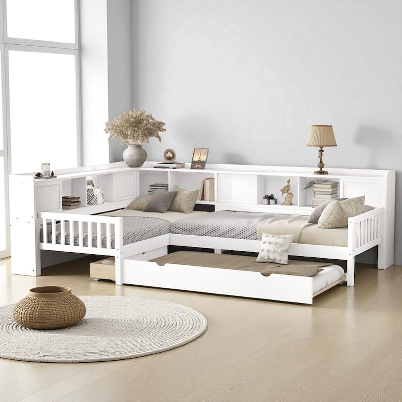 L-Shaped Twin Platform Bed with Trundle, Solid Wood Corner Bed Frame with Drawers and Shelves, No Box Spring Needed - White - Twin