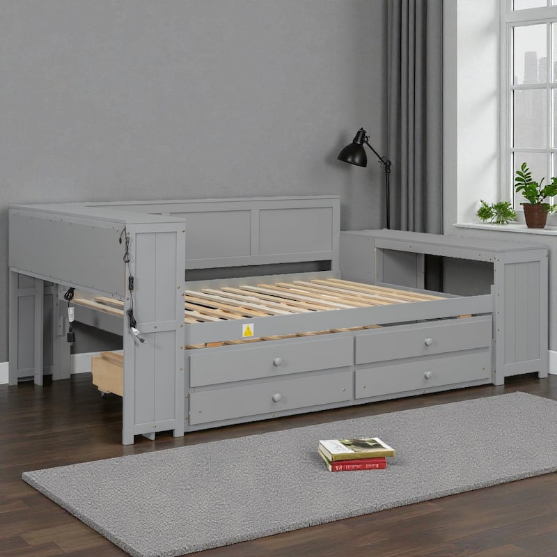 Full Size Daybed with Storage Shelves, Drawers, Trundle, Desk, Cabinet, LED Light and Charging Station, Pine Wood Frame