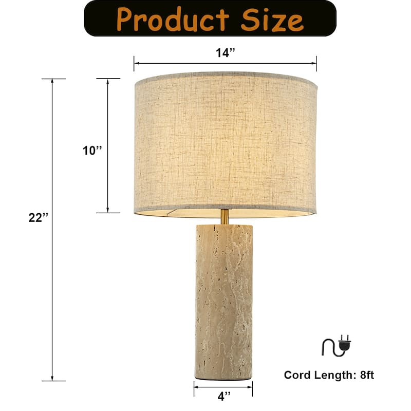 1-Light 22'' Modern Coastal Natural Cylinder Travetine Table Lamp With Beige Linen Shade For Bedroom and Living Room - W14''