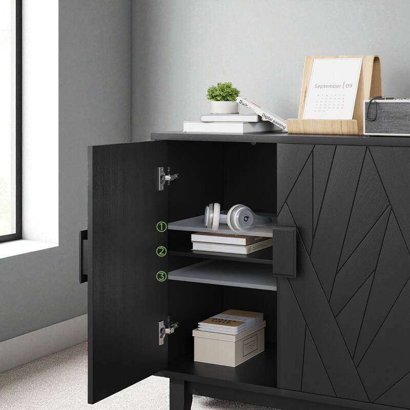 55.4" Modern Buffet Sideboard Cabinet with Geometric Solid Wood Doors and Adjustable Shelves - Entryway Storage Unit