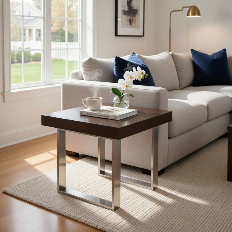 Ien 28 Inch Side End Table, Square Top, Metal Sled Legs, Espresso Brown