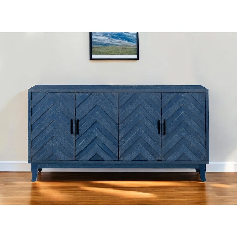 HomeRoots 60" Blue Textural Chevron Distressed Wood Sideboard with Four Doors - 59.8' X '32.3' X '15.5 - 59.8' X '32.3' X '15.5