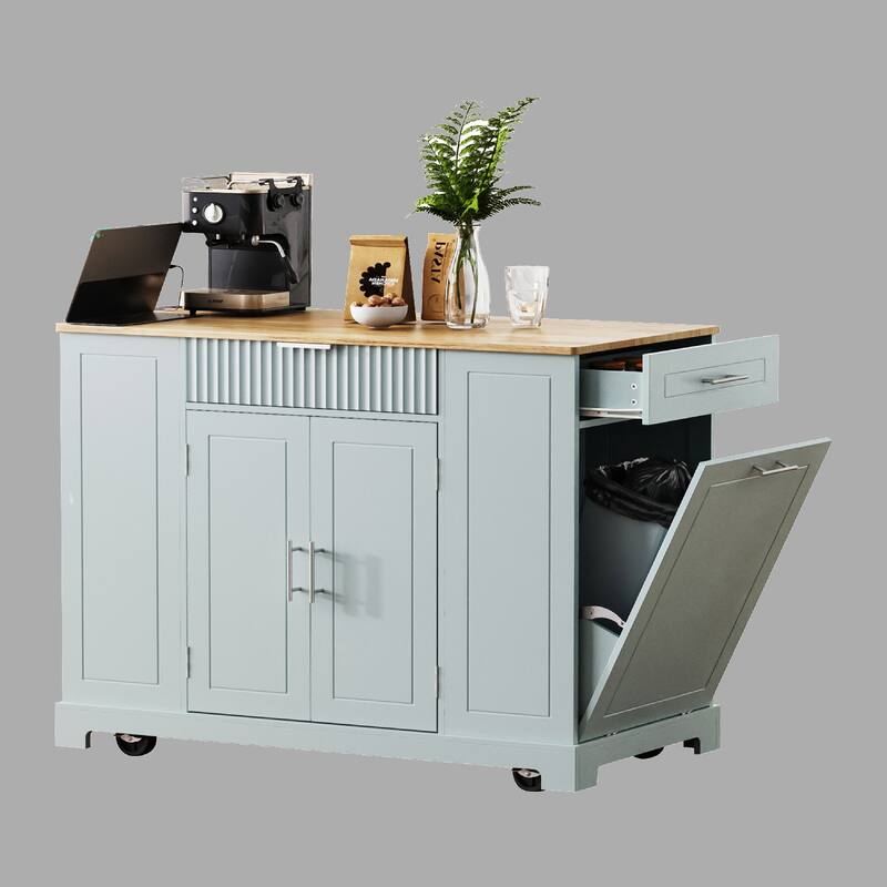 Rolling 48.5" Kitchen Island with Trash Can Storage, Built-in Power Outlet, 3 Drawers, 5 Wheels and Adjustable Shelves - Grey Blue