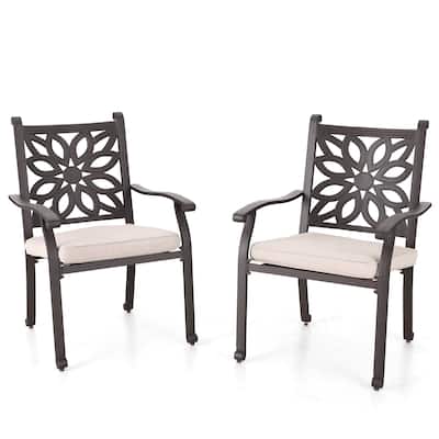 Phi Villa Outdoor Patio Extra Wide Armrest Cast Aluminum Dining Chairs with Cushion Set of 2 - Frosted Surface