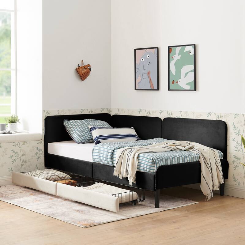 Twin Size Upholstered Platform Bed Frame with 2 Storage Drawers