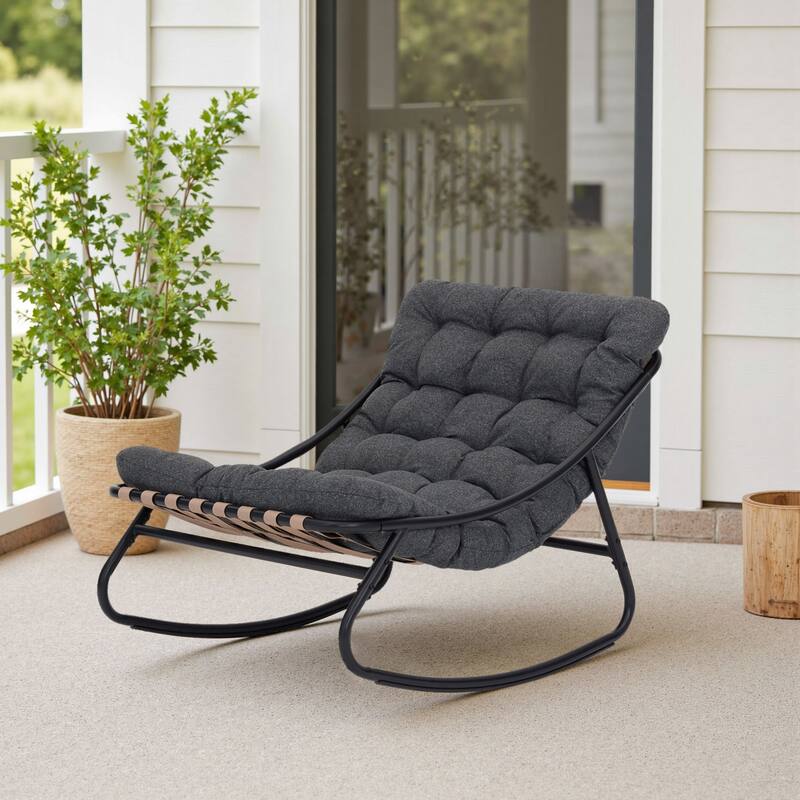 Outdoor Patio Scoop Rocking Lounge Chair with Cushions - Grey