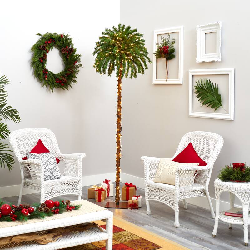 7' Christmas Palm Tree with 300 White Warm LED Lights - Green