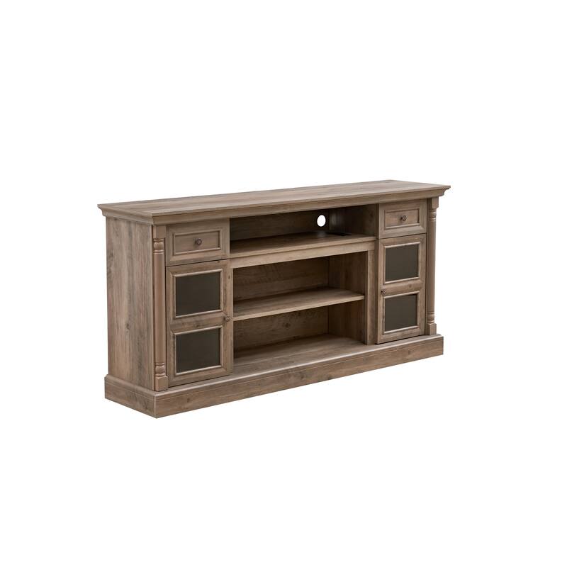 Farmhouse-Style Fireplace TV Stand up to 80-Inch TV with LED Lights, Glass Door Cabinets and Drawers, for Living Room