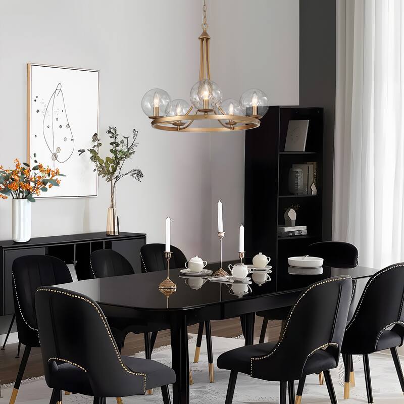 Mid-century Modern 5-Light Wagon Wheel Dining Room Chandelier Globe Seeded Glass Kitchen Island - 24" D x 21"H