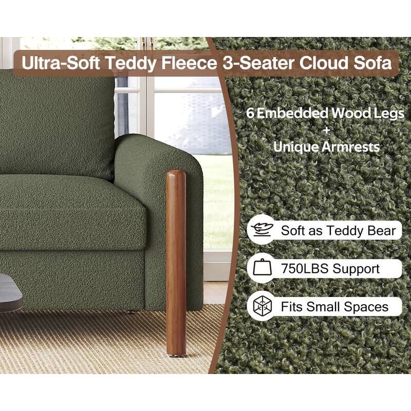 83.86" 3-Seater Sofa, Curved Armrest with Integrated Solid Wood Legs, Teddy Velvet Fabric, High Weight Capacity