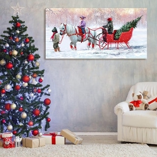 Framed Canvas Wall Art Decor Painting,Kids Riding White Horse Sledge Chrismas Gift Painting For Chrismas - Multicolor