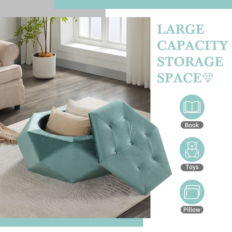 Velvet Polygon Ottoman with Diamond Lid, Multi-Functional Tufted Stroage Ottoman for Bedroom Entryway Foot Rest Stool