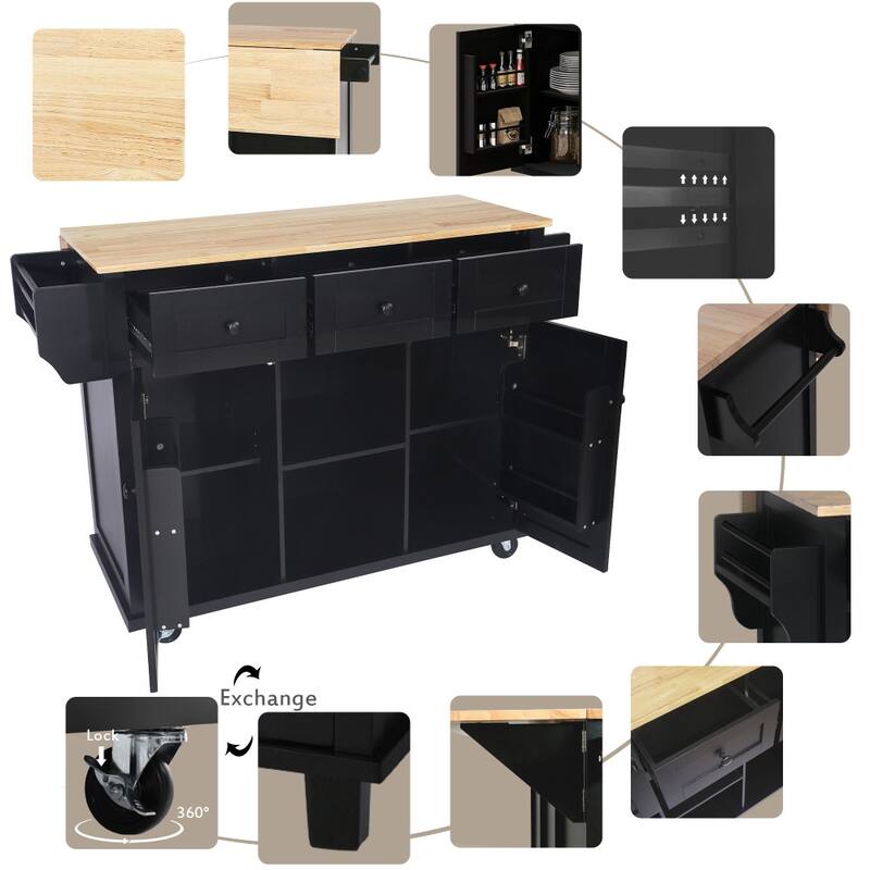 Kitchen Island on 5 Wheels with Storage Cabinet and 3 Drawers