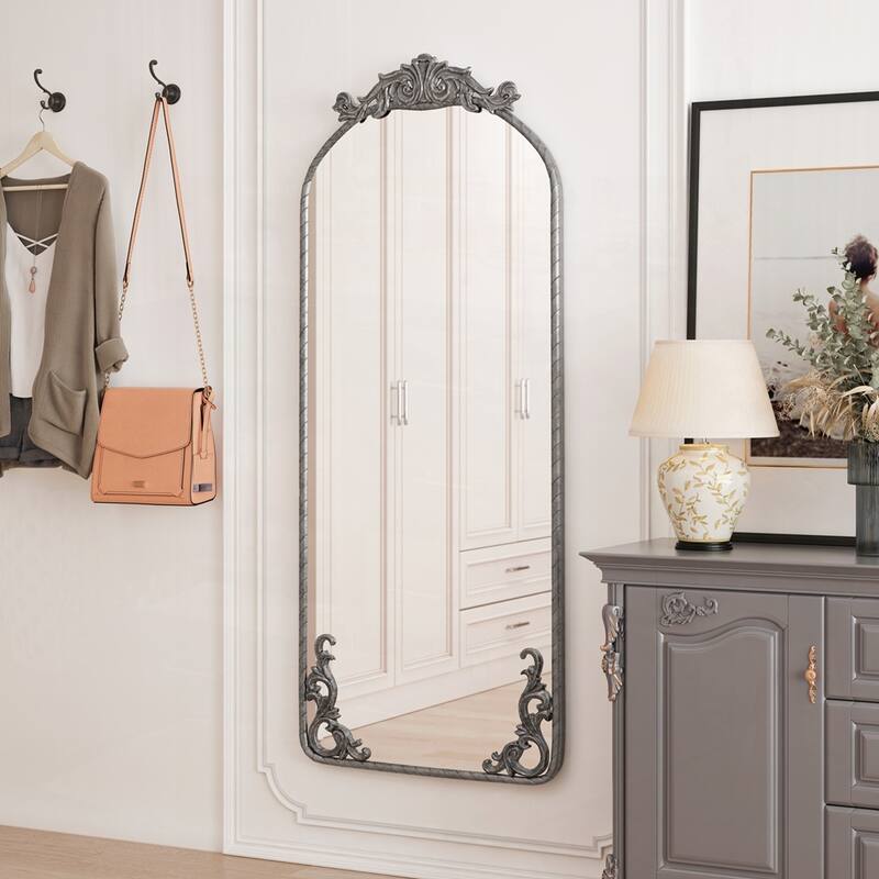 Arched Full Body Mirror with Vintage Ornate Carved Applique on Top and Bottom - 58"x24"