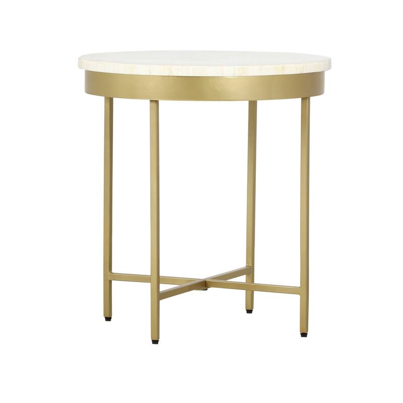 Sevita Alaric Round Bone Inlay and Gold Steel Cross-Leg End Table, 20" W x 22" H - 20" L x 20" W x 22" H