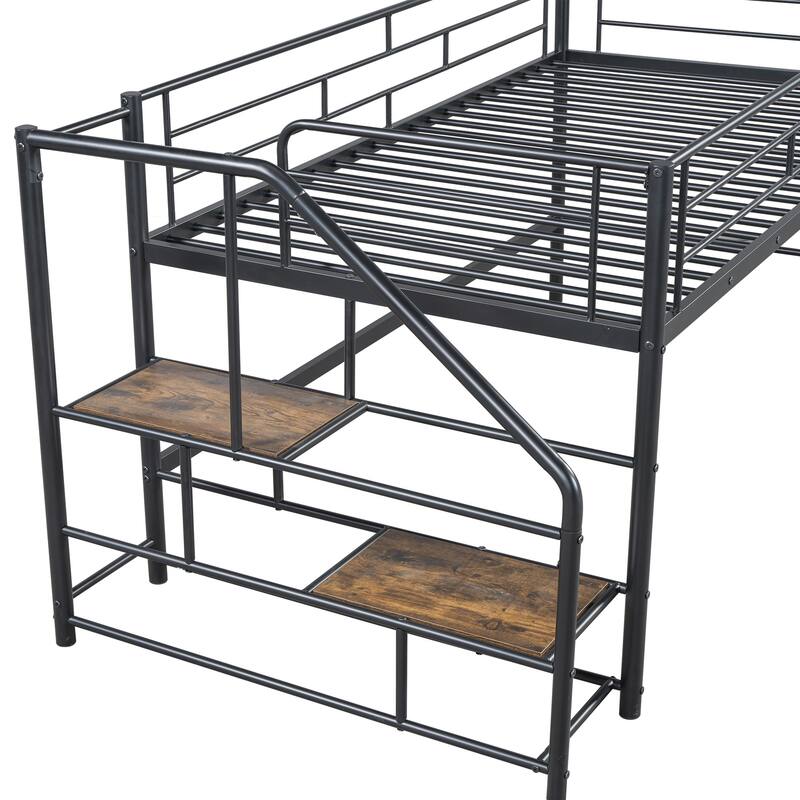 Twin Size Loft Bed with Play and Storage Spaces Underneath, Metal Bed Frame with Storage stairs and Guardrail for Bedroom