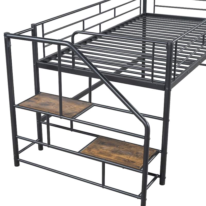 Twin Size MDF Metal Mid Loft Bed with Storage stairs and Fence for Kids, Boys and Girls, Bedroom