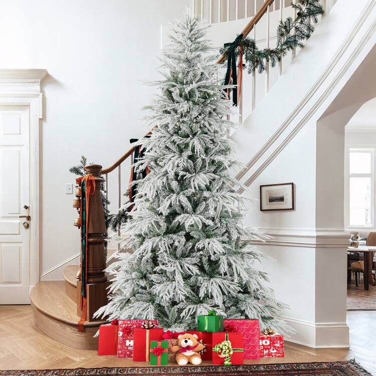 Pre Lit Snow Flocked Artificial Christmas Tree with Warm White LED Lights and Metal Stand