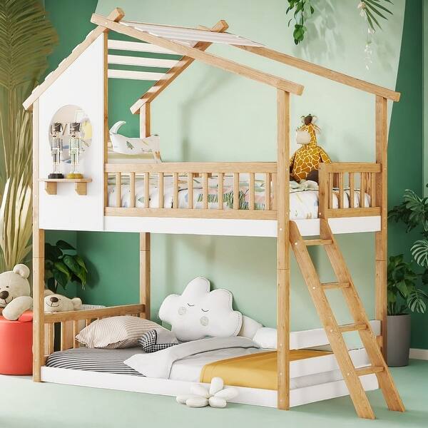 slide 2 of 20, Twin Over Twin Bunk Bed Wood Bed with Roof, Window and Ladder, Natural Natural