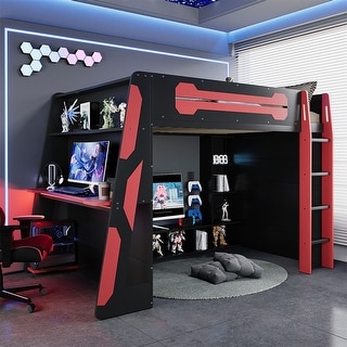 Full Size Gaming Loft Bed with Bulit-in Desk and RGB Light, Wooden Loft Bedframe with Multi-storage Shelves and Ladder for Kids