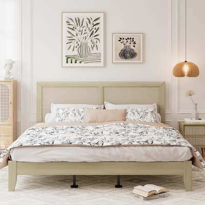 Eudoca Mid-Century Wood Bed Frame with Rattan Headboard BED by Christopher Knight Home