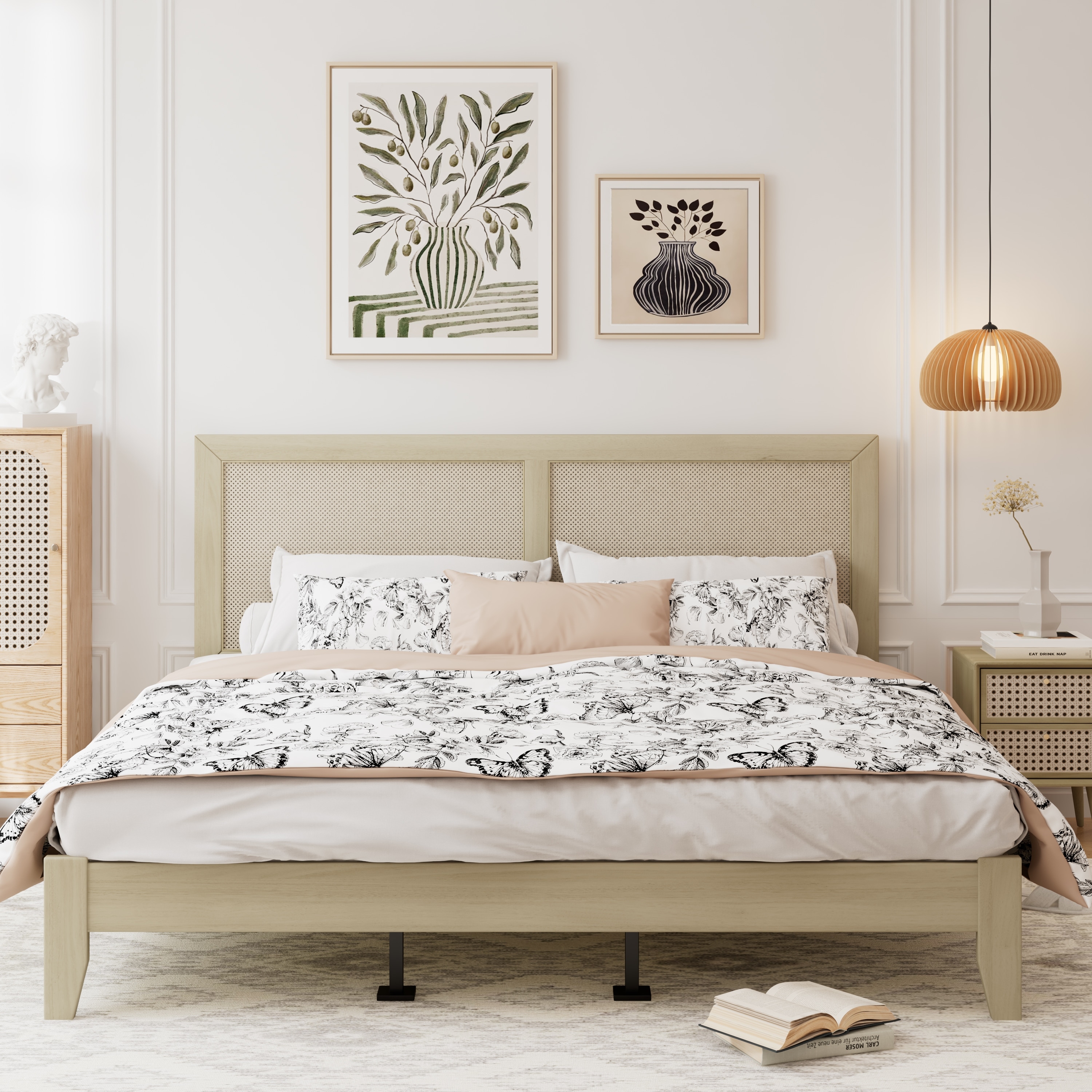 Eudoca Mid-Century Wood Bed Frame with Rattan Headboard BED by Christopher Knight Home