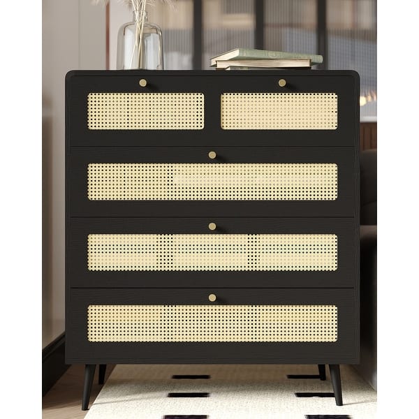 4 Drawer Dresser, Modern Rattan Chest with Wide Drawers & Gold Metal Handles, Farmhouse Wood Storage Cabinet for Bedroom, Black - Bed Bath & Beyond - 42317397 4 Drawer Dresser, Modern Rattan Chest with Wide Drawers & Gold Metal Handles, Farmhouse Wood Storage Cabinet for Bedroom, Black - Bed Bath & Beyond - 42317397