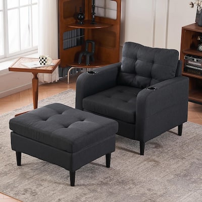 Upholstered Armchair and Storage Ottoman Set with Cup Holders and Tufted Detailing
