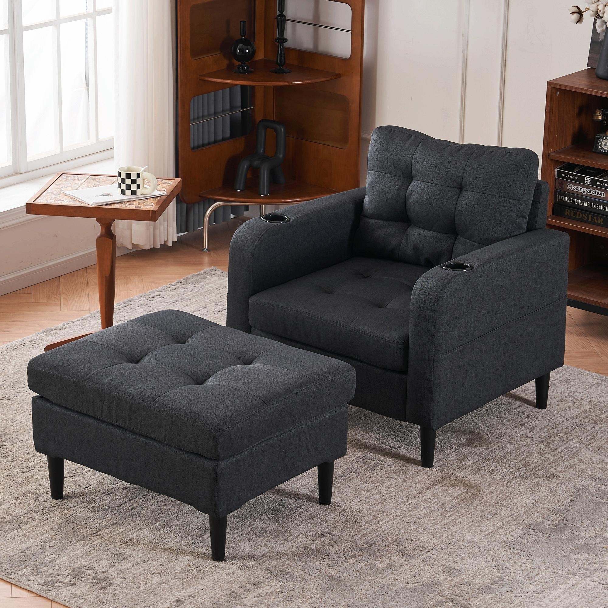 Upholstered Armchair and Storage Ottoman Set with Cup Holders and Tufted Detailing