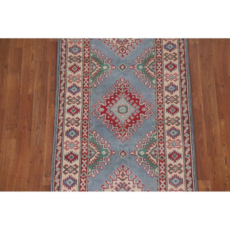 Hand Knotted Oriental 100% Wool Carpet Traditional Geometric Navy Blue & Blues Kazak Runner Rug - 8' 11'' X 2' 9''