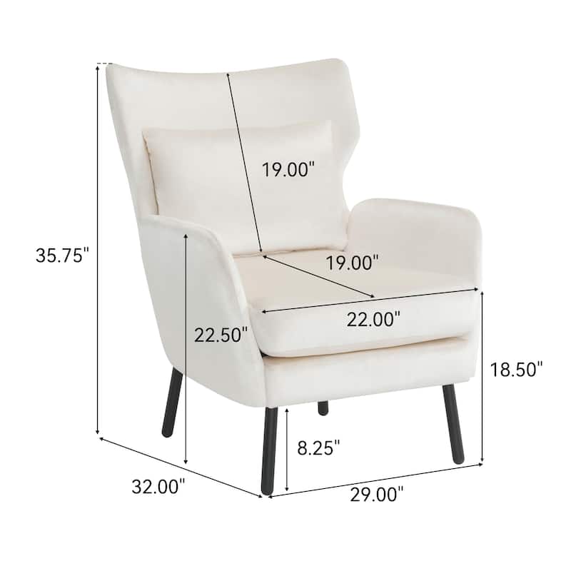 Modern 32" Upholstered Wing Back Velvet Accent Chair with Metal Legs and Pillow