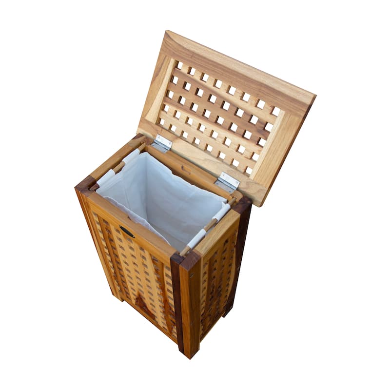 EcoDecors Solid Teak Lattice Apartment Hamper with Laundry Bag in EarthyTeak Finish
