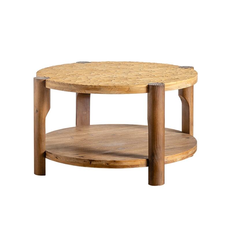 Hand-Carved Wood Coffee Table Round Side Table with Textured Top and Storage Shelf, Rustic Center Table for Living Room