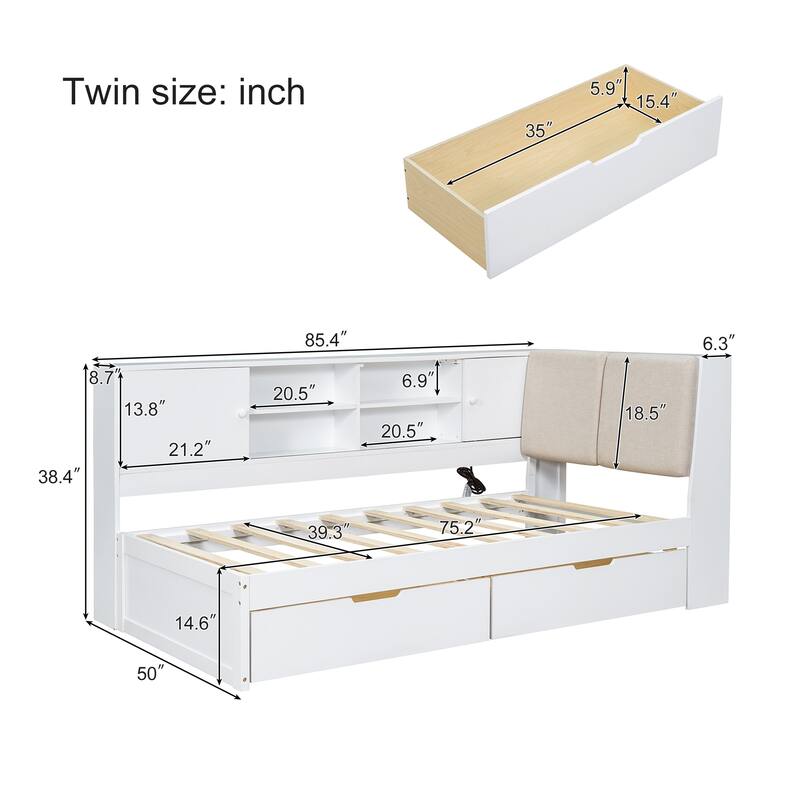 L-Shaped Daybed with Bookcase & USB Charging Port, Wood Floor Corner Bed Frame with Storage Drawers & Upholstered Headboard
