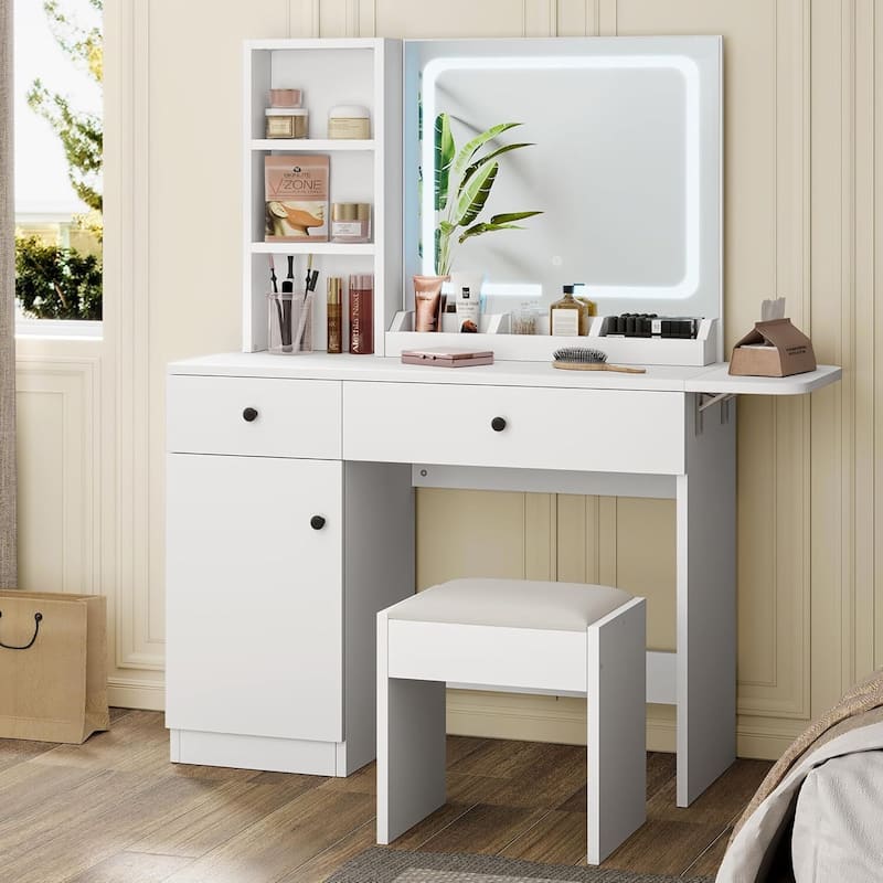 Vanity Desk with Mirror and LED Light - White
