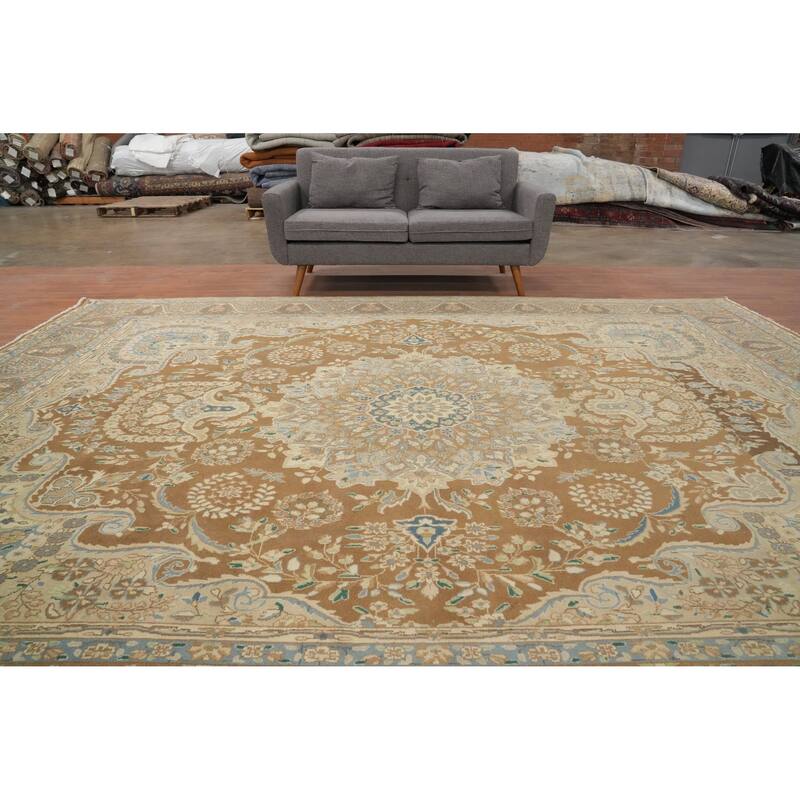 Hand Knotted Oriental 100% Wool Carpet Traditional Floral Brown Kerman Area Rug - 12' 11'' X 9' 6''