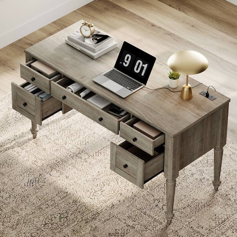 56'' Farmhouse Executive Desk with Drawers White/Oak - 5 Drawers and 2 Doors