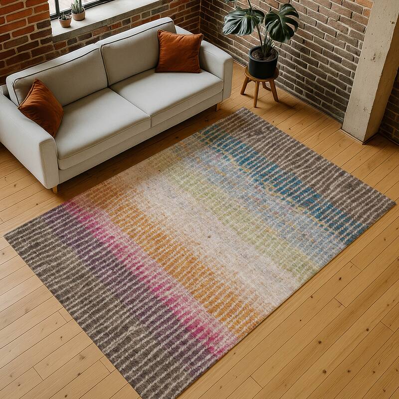 Machine Washable Indoor/ Outdoor Contemporary Stripes Chantille Rug